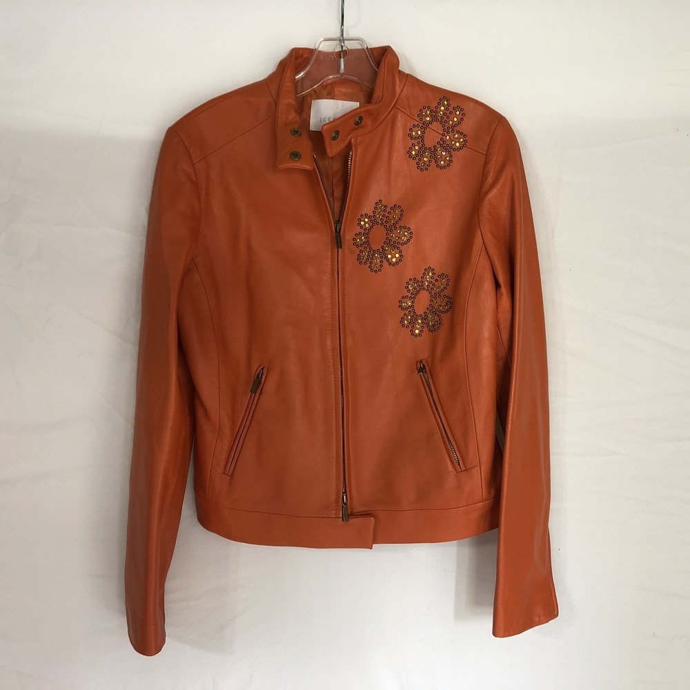Iceberg Jacket Womens 42 Orange Leather Studded Floral Zip Front Made Italy